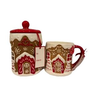 New Peppermint & Pine Red Gingerbread Cookie Jar Canister & Mug Set Christmas